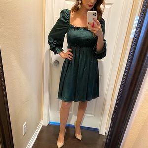 Vici Sleigh Bell Satin Smocked Dress -Hunter Green